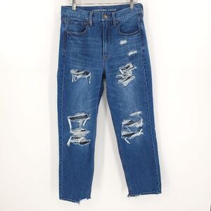 American Eagle 90s Boyfriend Jeans Womens 6 Blue Hi-Rise Ripped Destroyed Denim